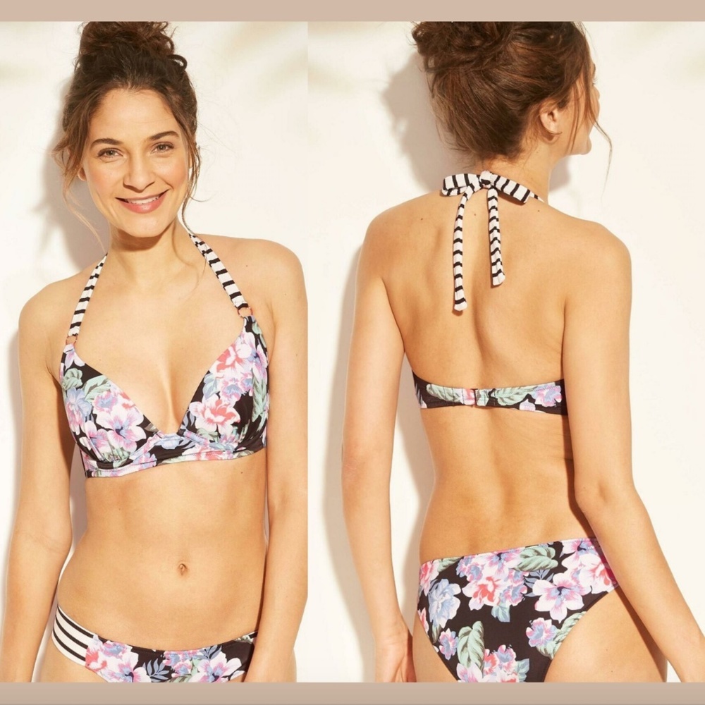 NWT $28 Shade & Shore Current Light Lined Strap Halter Floral Bikini Top [ 32B ]